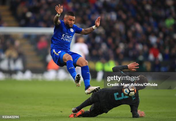 Danny Simpson of Leicester Cityin action with Marcos Alonso of Chelsea during the Emirates FA Cup Quarter Final match between Leicester City and...