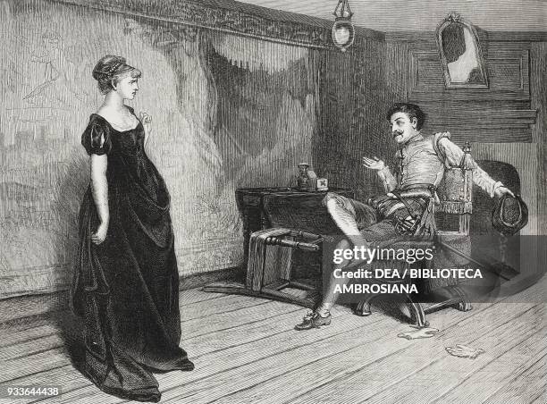 Scene from Taming of the shrew, engraving from a painting by William Quiller Orchardson , illustration from the magazine The Illustrated London News,...