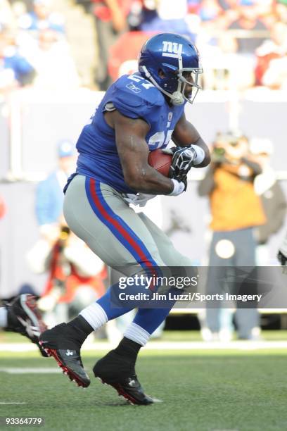 Brandon Jacobs of the New York Giants carries the ball against the Atlanta Falcons during a NFL game on November 22, 2009 at Giants Stadium in East...