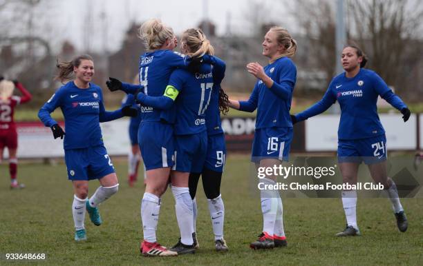 Katie Chapman of Chelsea celebrates with her team mates after she scores to make it 2-0 during a FA Women's Cup between Chelsea and Liverpool Ladies...