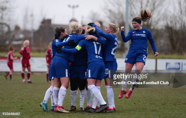 Katie Chapman of Chelsea celebrates with her team mates after she scores to make it 2-0 during a FA Women's Cup between Chelsea and Liverpool Ladies...