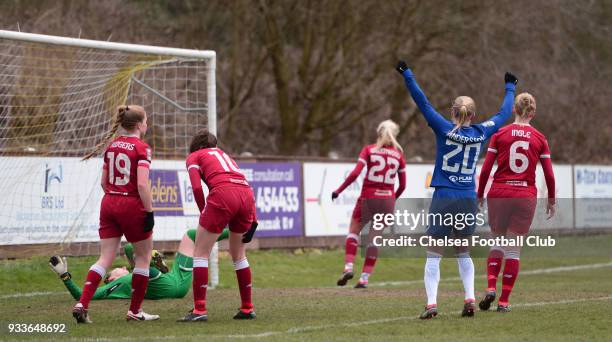 Jonna Andersson of Chelseacelebrates after she scores to make it 1-0 during a FA Women's Cup between Chelsea and Liverpool Ladies at Prescot Cables...