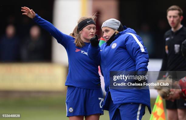 Emma Hayes, manager of Chelsea talks with Erin Cuthbert of Chelsea during a FA Women's Cup between Chelsea and Liverpool Ladies at Prescot Cables...