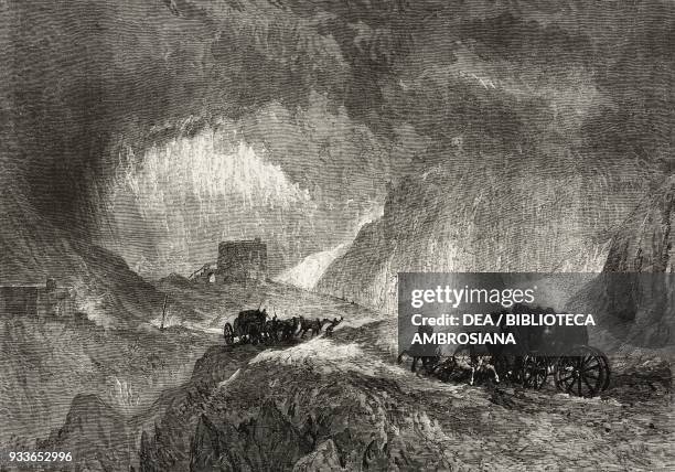 Snowstorm on Mont Cenis, engraving from the drawing by William Turner, illustration from the magazine The Illustrated London News, volume XLVII,...