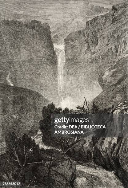 The fall of the Reichenbach, engraving from the drawing by William Turner, illustration from the magazine The Illustrated London News, volume XLVII,...