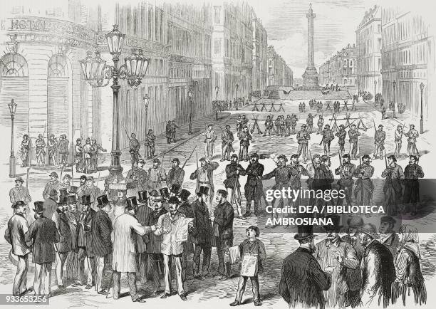 The Rue de la Paix and Place Vendome guarded by the insurgents, the Paris Commune, illustration from the magazine The Illustrated London News, volume...