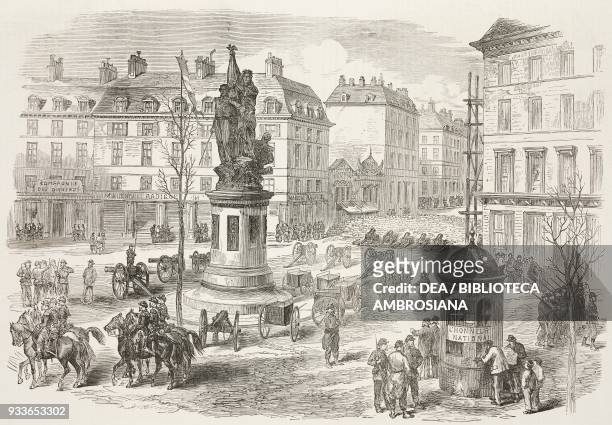 Barricade and cannons in the Place Clichy, the Paris Commune, illustration from the magazine The Illustrated London News, volume LVIII, April 15,...