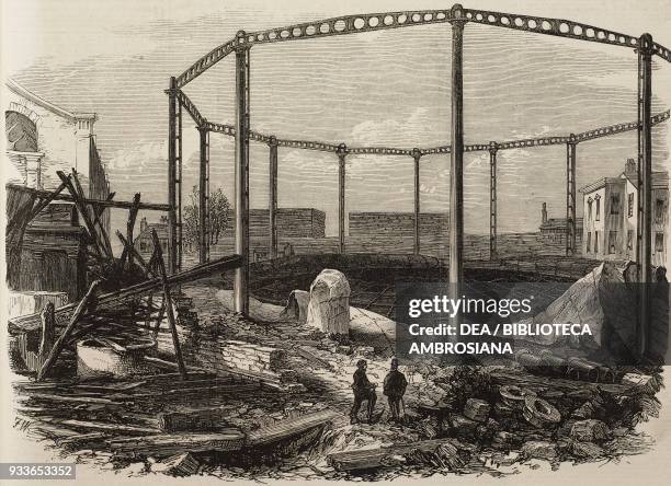 Ruins of the gasworks at Nine Elms after the explosion, London, United Kingdom, illustration from the magazine The Illustrated London News, volume...