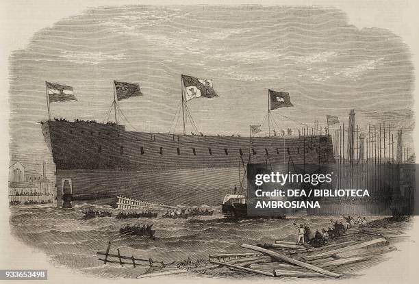 Launch of the Victoria, iron clad frigate built for the Queen of Spain at Blackwall, United Kingdom, illustration from the magazine The Illustrated...