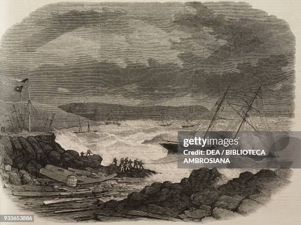 Gale at Batten Bay, Plymouth Sound, United Kingdom, illustration from the magazine The Illustrated London News, volume XLVII, December 2, 1865.