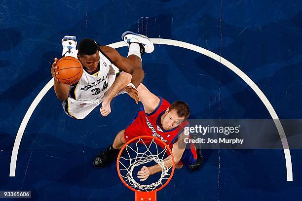 Hasheem Thabeet of the Memphis Grizzlies goes to the basket against Steve Novak of the Los Angeles Clippers during the game on November 18, 2009 at...