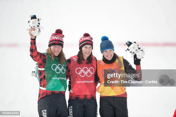 Silver medal winner Brittany Phelan, , of Canada, gold medal winner Kelsey Serwa of Canada and bronze medal winner Fanny Smith, , of Switzerland...