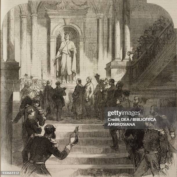 Unveiling the statue of Edward I, opening of the town hall at Kingston upon Hull by Earl De Grey and Ripon, United Kingdom, illustration from the...