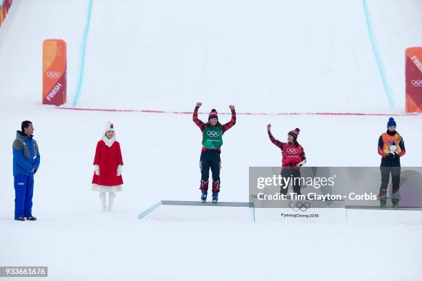 Silver medal winner Brittany Phelan, , of Canada, gold medal winner Kelsey Serwa of Canada and bronze medal winner Fanny Smith, , of Switzerland...