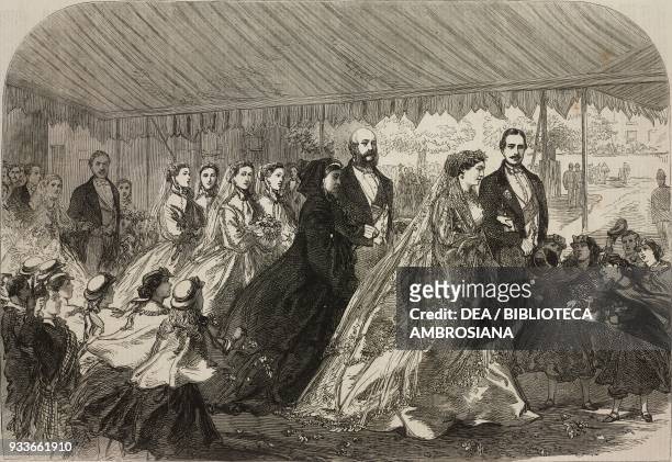 The bride and groom, followed by Queen Victoria and the Prince Consort Albert, leaving the St Anne's Church in Kew, the marriage of the Princess Mary...