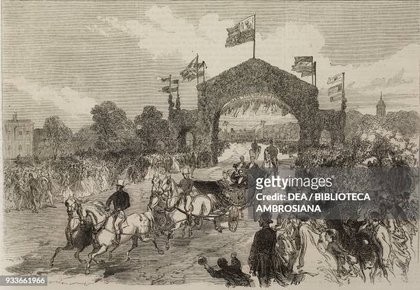Departure of the bride and groom from Kew, the marriage of the Princess Mary Adelaide of Cambridge and Prince Francis Duke of Teck, 12 June 1866,...
