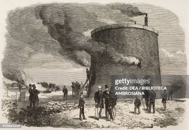 Experiments with Mr Gale's protected gunpowder in a martello tower, near Hastings, United Kingdom, illustration from the magazine The Illustrated...