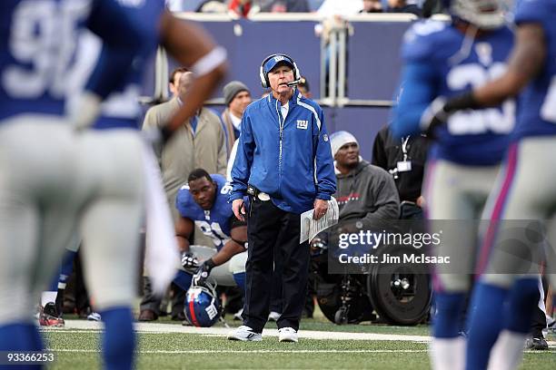 Head coach Tom Coughlin of the New York Giants looks on against the Atlanta Falcons on November 22, 2009 at Giants Stadium in East Rutherford, New...
