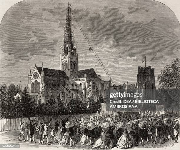 Capping the new spire of Chichester cathedral, United Kingdom, illustration from the magazine The Illustrated London News, volume XLIX, July 7, 1866.