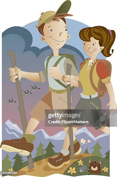 couple hiking - couple walking exercise stock illustrations