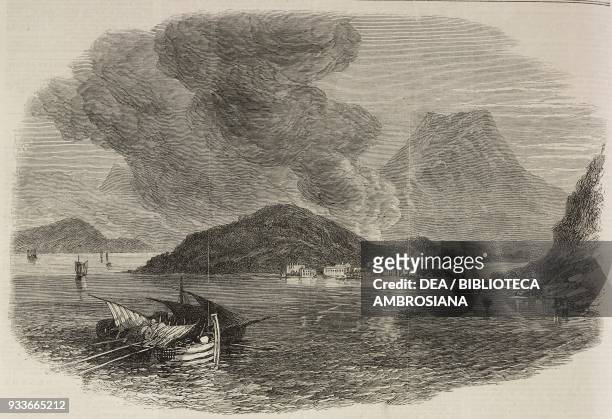 Eruption of a submarine volcano at Santorini, Greece, illustration from the magazine The Illustrated London News, volume XLVIII, March 17, 1866.