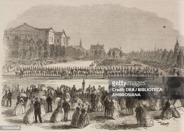 Reception of Canadian Army volunteers on the Champ de Mars in Montreal, Canada, illustration from the magazine The Illustrated London News, volume...
