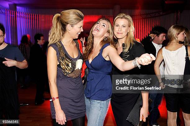 Host Verena Wriedt and tv host Annika Kipp and tv host Nadine Krueger attend the afterparty for the premiere 'Zweiohrkueken' at Cafe Moskau on...