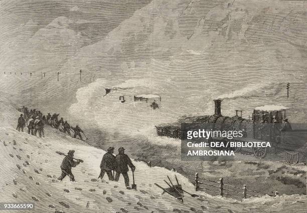 Clearing snow on the Highlands Railway, United Kingdom, illustration from the magazine The Illustrated London News, volume XLVIII, March 24, 1866.