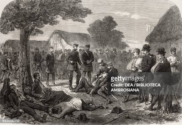 The Crown Prince Frederick William of Prussia visiting the wounded after the battle of Sadowa, Austro-Prussian War, illustration from the magazine...