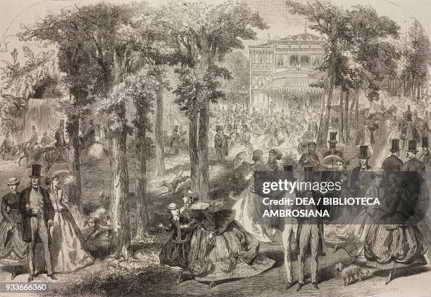 The Cafe de la Cascade at the Bois de Boulogne, Paris, France, illustration from the magazine The Illustrated London News, volume XLIX, August 18,...