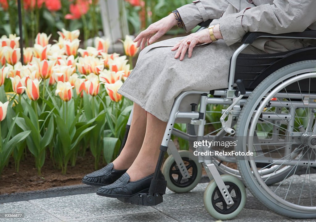 Personnes à mobilité réduite en fauteuil roulant d'une femme Senior détente toucher fleurs