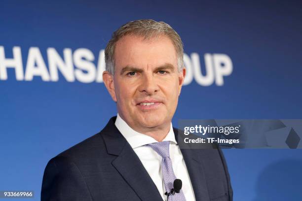 Carsten Spohr looks on during the annual results press conference of Lufthansa AG at Lufthansa Aviation Center on March 15, 2018 in Frankfurt am...