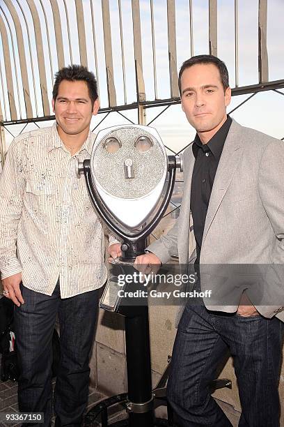 Championship driver Jimmie Johnson and New York Yankee Johnny Damon pose for pictures on the Empire State Building Observation Deck in celebration of...