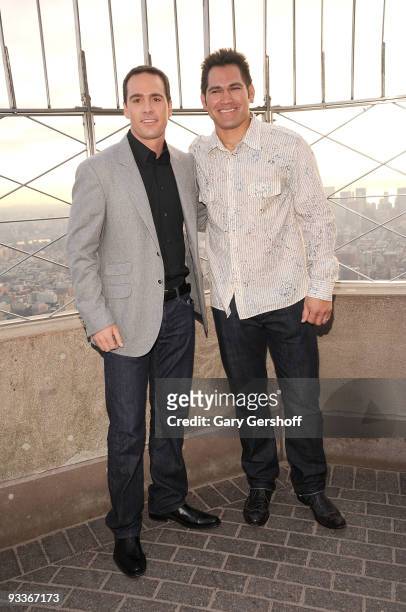 Championship driver Jimmie Johnson and New York Yankee Johnny Damon pose for pictures on the Empire State Building Observation Deck in celebration of...