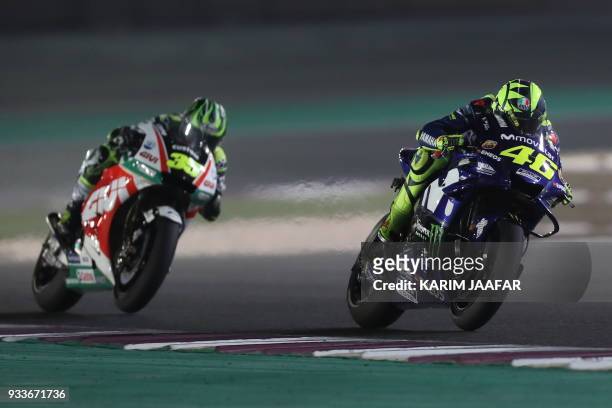 Movistar Yamaha MotoGP's Italian rider Valentino Rossi rides his Honda during the 2018 Qatar Moto GP Grand Prix at the Losail International Circuit...