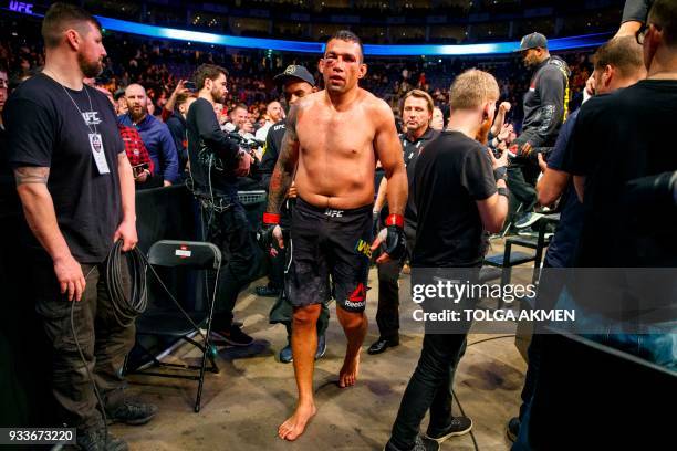 Brazil's Fabrico Werdum leaves after his deafeat to Russia's Alexander Volkov in their Heavyweight fight during the UFC Fight Night at the O2 Arena...