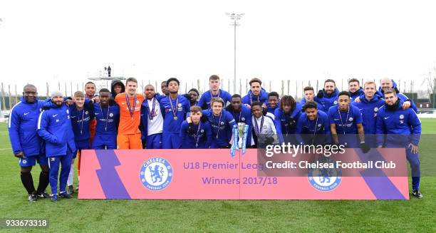 Captain Conor Gallagher of Chelsea lifts the trophy with the squad during the Chelsea v Tottenham Hotspur U18 Premier League Cup Final match at...