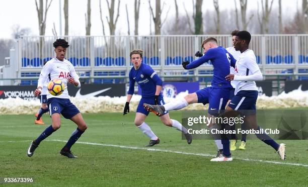 Charlie Brown of Chelsea scores the first goal during the Chelsea v Tottenham Hotspur U18 Premier League Cup Final match at Chelsea Training Ground...