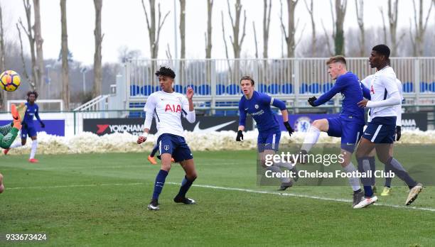 Charlie Brown of Chelsea scores the first goal during the Chelsea v Tottenham Hotspur U18 Premier League Cup Final match at Chelsea Training Ground...