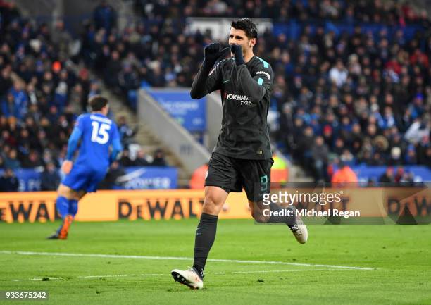 Alvaro Morata of Chelsea celebrates as he scores their first goal during The Emirates FA Cup Quarter Final match between Leicester City and Chelsea...