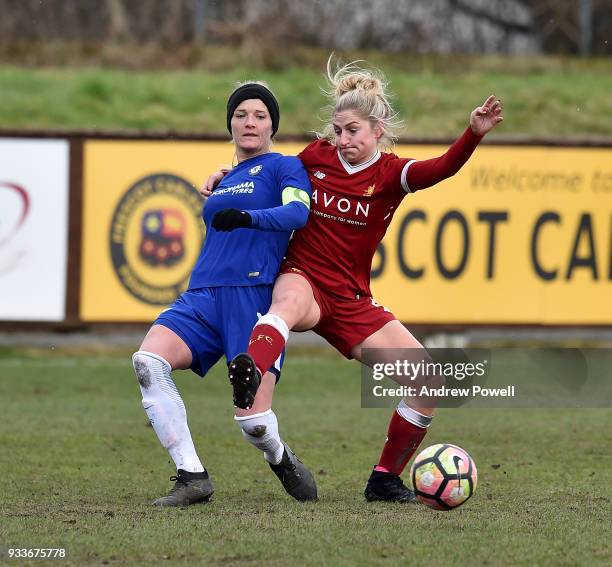 Laura Coombs of Liverpool Ladies competes with Katie Chapman of Chelsea Ladies during the SSE Women's FA Cup Quarter Final match between Liverpool...