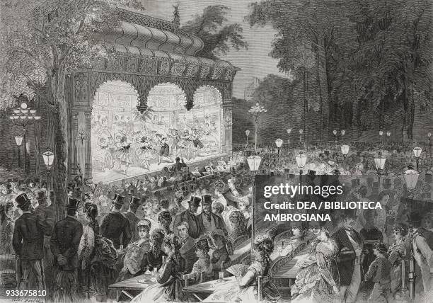 An open air theatre at Paris, France, illustration from the magazine The Illustrated London News, volume LV, September 4, 1869.