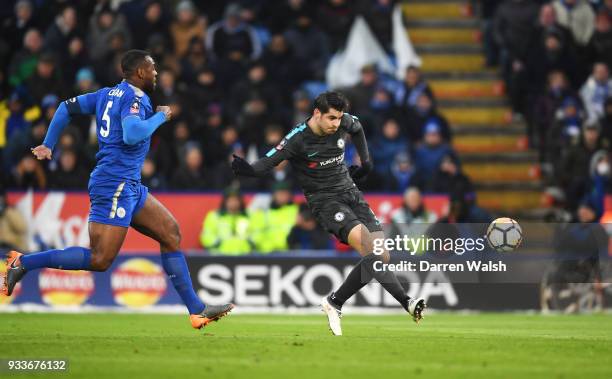 Alvaro Morata of Chelsea scores their first goal during The Emirates FA Cup Quarter Final match between Leicester City and Chelsea at The King Power...