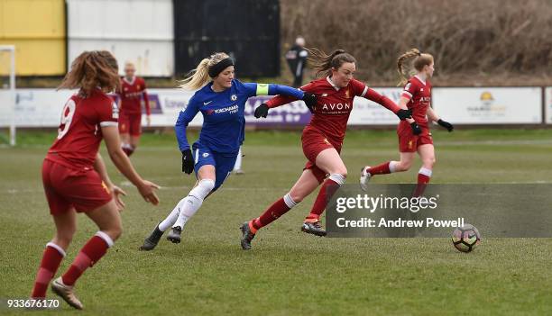 Caroline Weir of Liverpool Ladies competes with Katie Chapman of Chelsea Ladies during the SSE Women's FA Cup Quarter Final match between Liverpool...