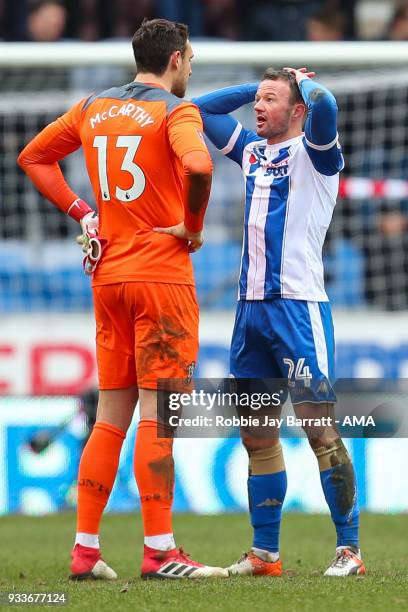 Noel Hunt of Wigan Athletic reacts at full time during The Emirates FA Cup Quarter Final match at DW Stadium on March 18, 2018 in Wigan, England.