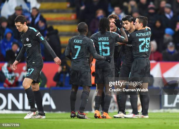 Alvaro Morata of Chelsea celebrates as he scores their first goal with team mates during The Emirates FA Cup Quarter Final match between Leicester...