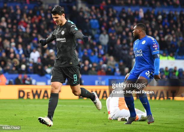 Alvaro Morata of Chelsea celebrates as he scores their first goal during The Emirates FA Cup Quarter Final match between Leicester City and Chelsea...