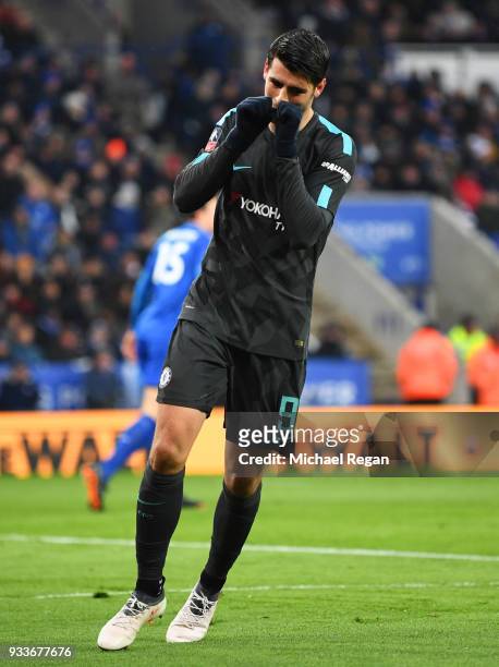 Alvaro Morata of Chelsea celebrates as he scores their first goal during The Emirates FA Cup Quarter Final match between Leicester City and Chelsea...