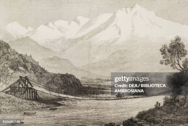 Suspension bridge in the Aconcagua Valley, Chile, illustration from the magazine The Illustrated London News, volume LVI, April 16, 1870.