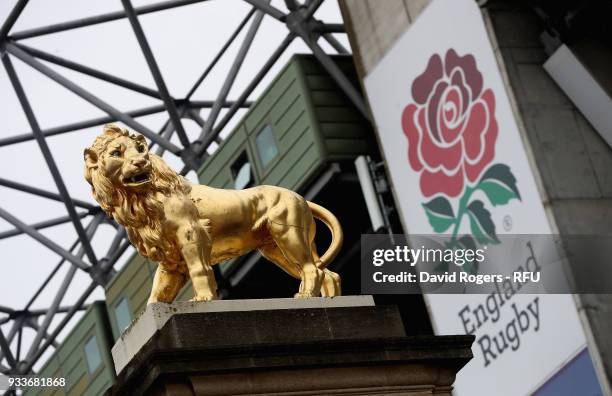 The Golden Lion statue prior to the NatWest Six Nations match between England and Ireland at Twickenham Stadium on March 17, 2018 in London, England.